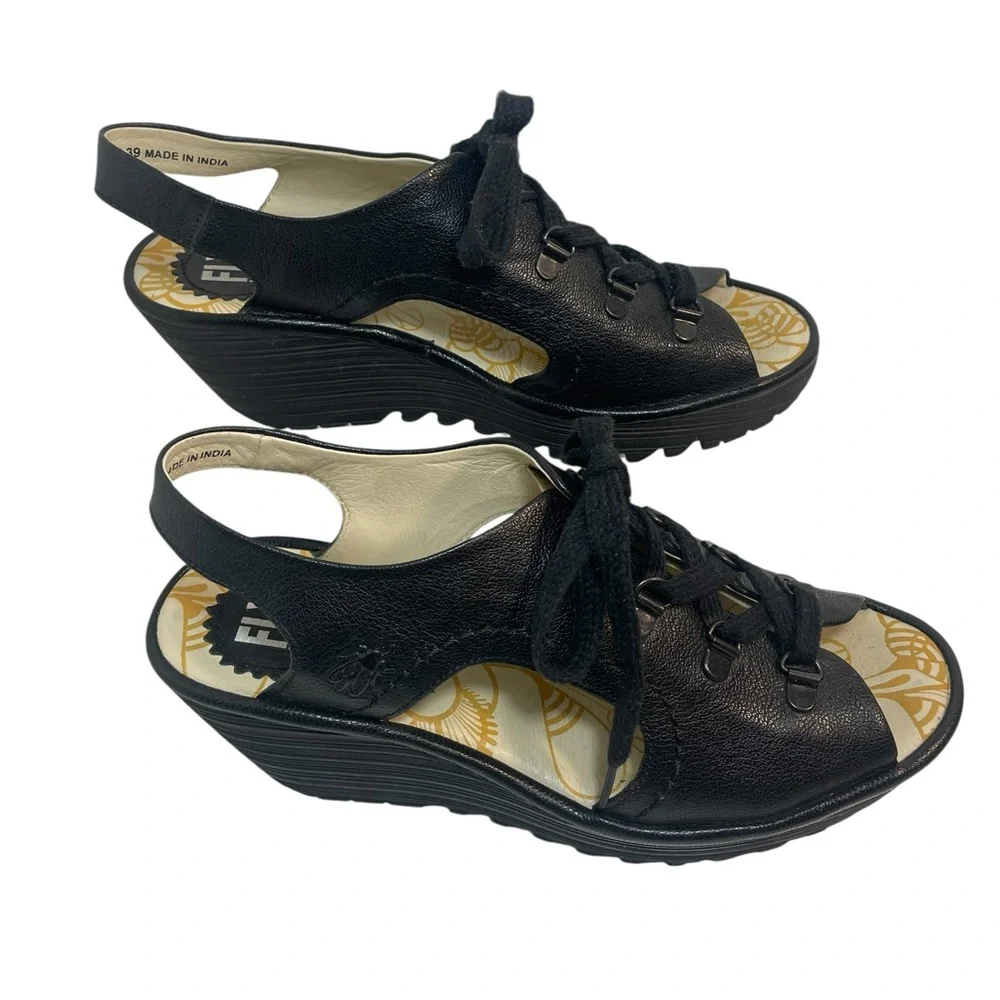 FLY London Ylfa Black Lace-Up Leather Wedge Sandals Women’s Size EUR 39 US 8-8.5